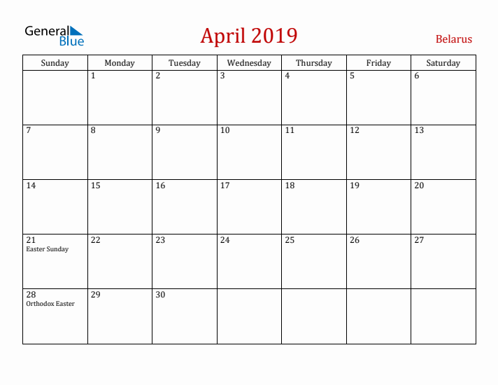 Belarus April 2019 Calendar - Sunday Start