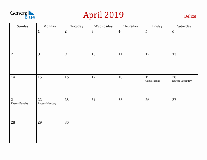 Belize April 2019 Calendar - Sunday Start