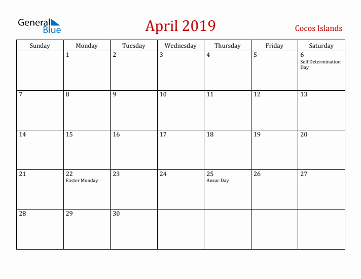 Cocos Islands April 2019 Calendar - Sunday Start