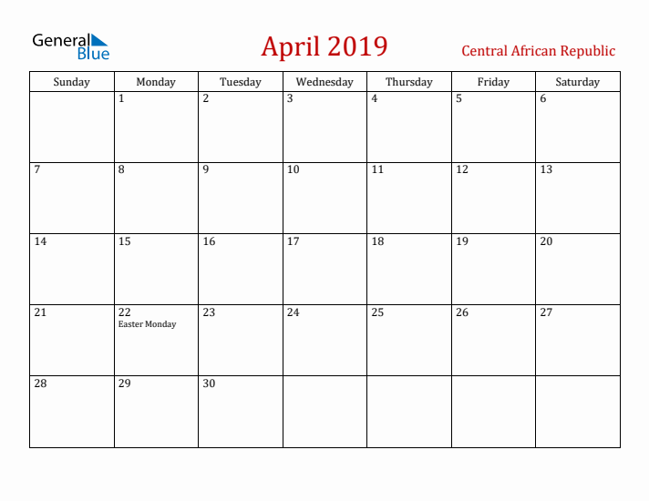 Central African Republic April 2019 Calendar - Sunday Start