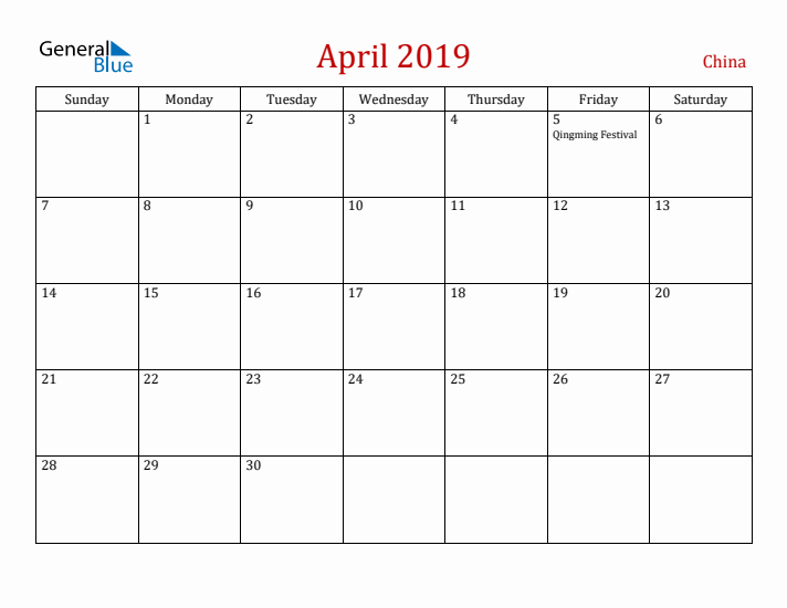 China April 2019 Calendar - Sunday Start
