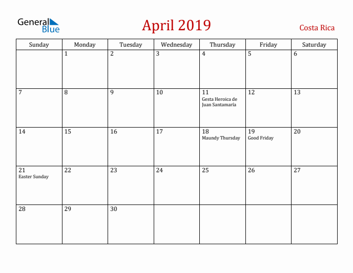 Costa Rica April 2019 Calendar - Sunday Start
