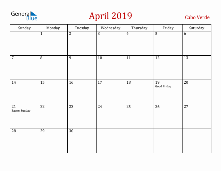 Cabo Verde April 2019 Calendar - Sunday Start