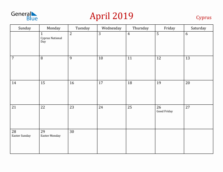 Cyprus April 2019 Calendar - Sunday Start