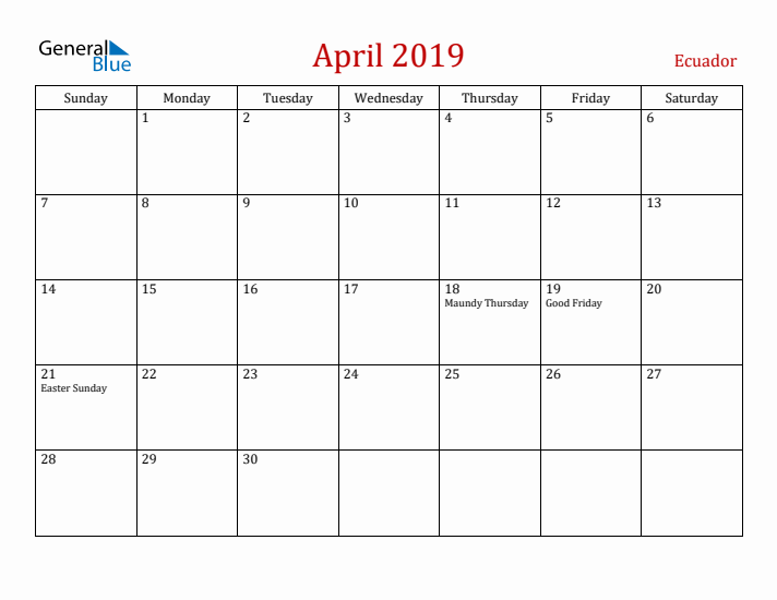 Ecuador April 2019 Calendar - Sunday Start