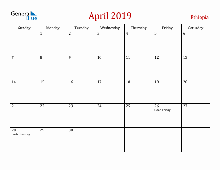 Ethiopia April 2019 Calendar - Sunday Start
