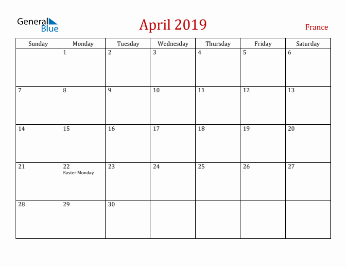 France April 2019 Calendar - Sunday Start