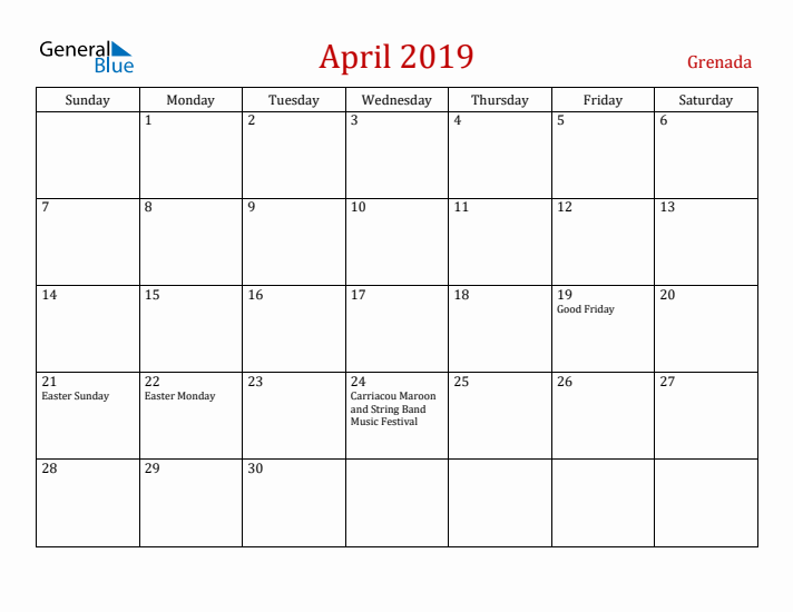 Grenada April 2019 Calendar - Sunday Start