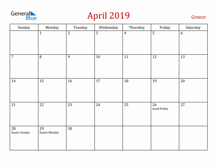Greece April 2019 Calendar - Sunday Start