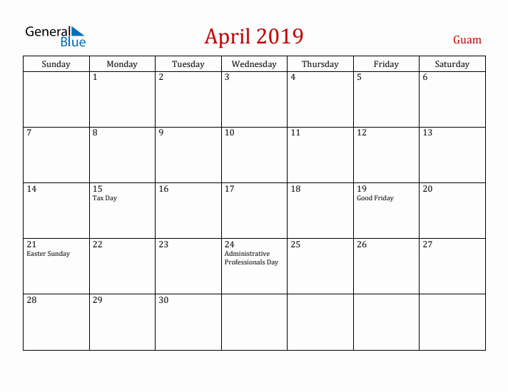 Guam April 2019 Calendar - Sunday Start