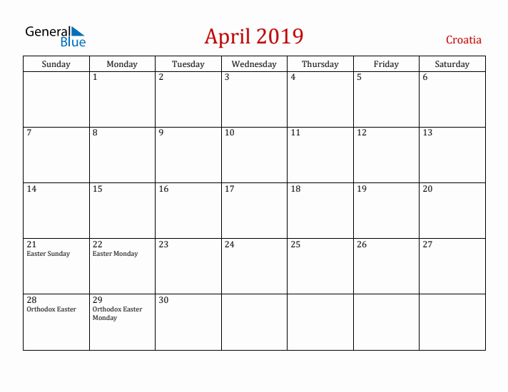 Croatia April 2019 Calendar - Sunday Start