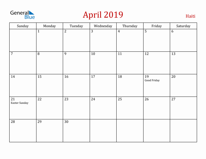 Haiti April 2019 Calendar - Sunday Start