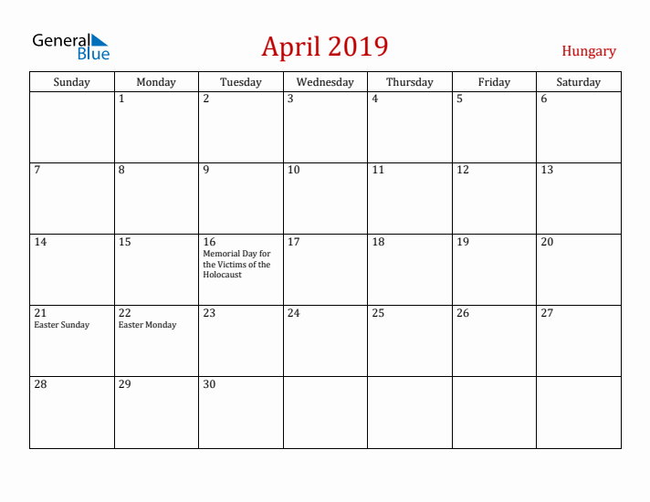 Hungary April 2019 Calendar - Sunday Start