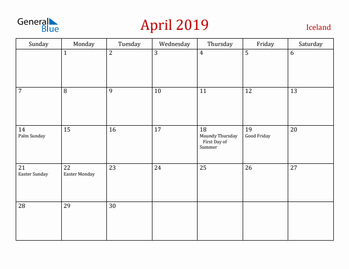 Iceland April 2019 Calendar - Sunday Start