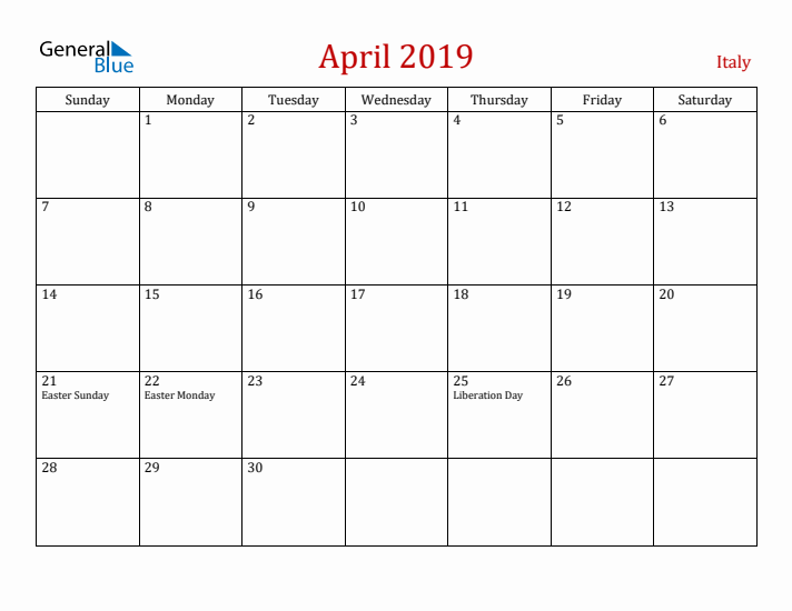 Italy April 2019 Calendar - Sunday Start