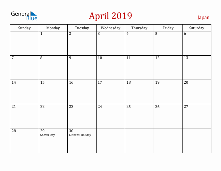 Japan April 2019 Calendar - Sunday Start