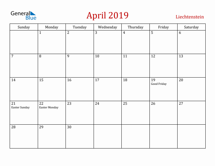 Liechtenstein April 2019 Calendar - Sunday Start