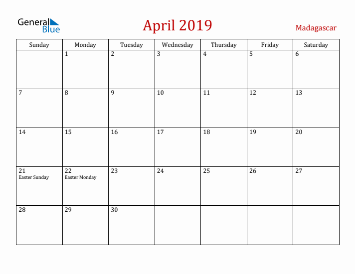 Madagascar April 2019 Calendar - Sunday Start