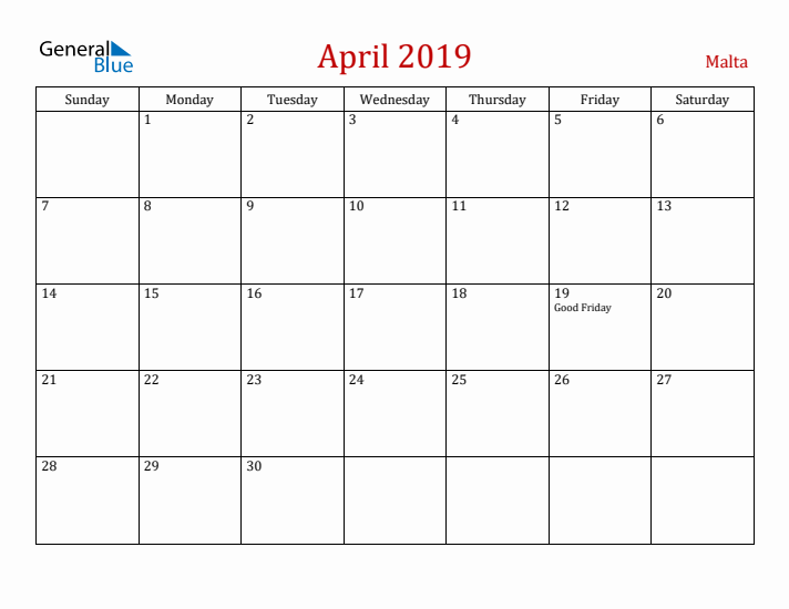 Malta April 2019 Calendar - Sunday Start