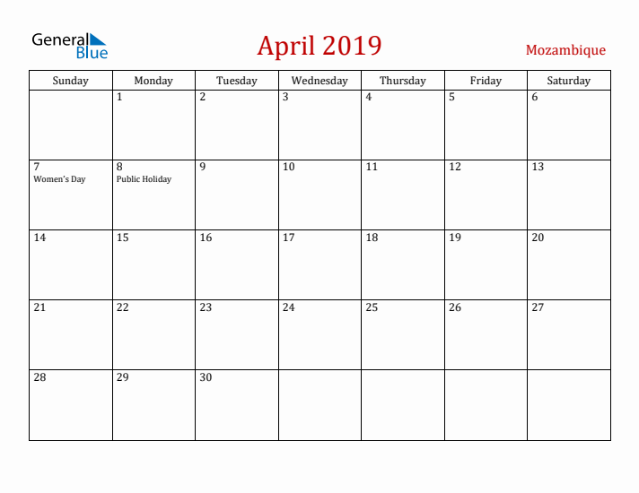 Mozambique April 2019 Calendar - Sunday Start
