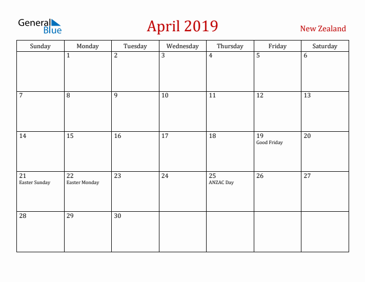 New Zealand April 2019 Calendar - Sunday Start