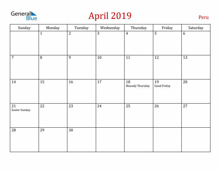 Peru April 2019 Calendar - Sunday Start