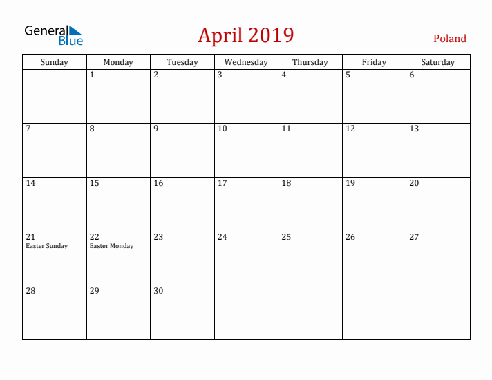 Poland April 2019 Calendar - Sunday Start