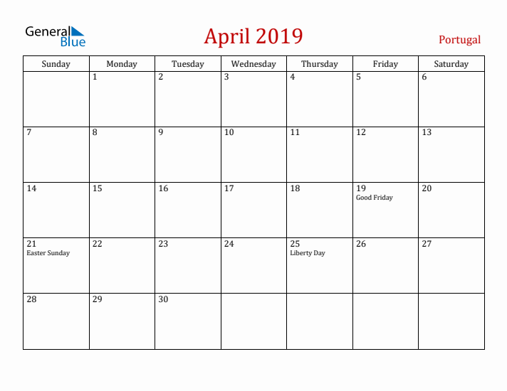 Portugal April 2019 Calendar - Sunday Start