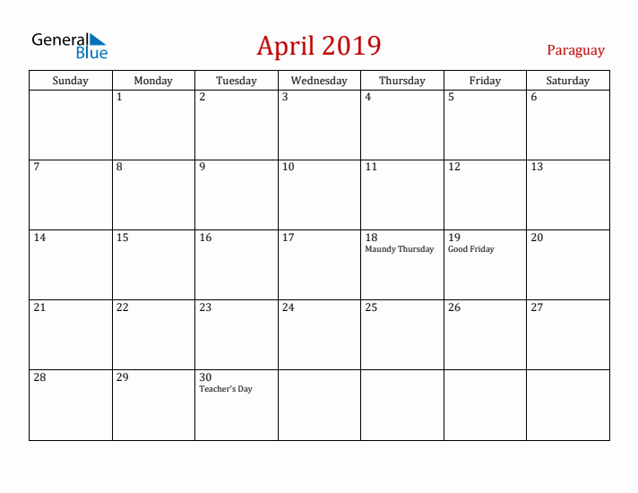 Paraguay April 2019 Calendar - Sunday Start