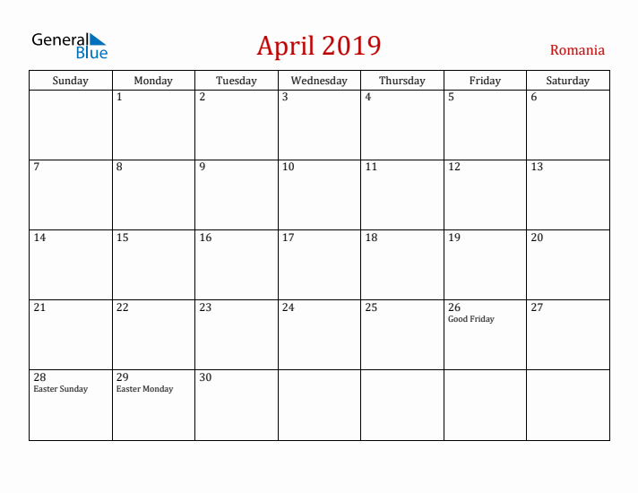 Romania April 2019 Calendar - Sunday Start
