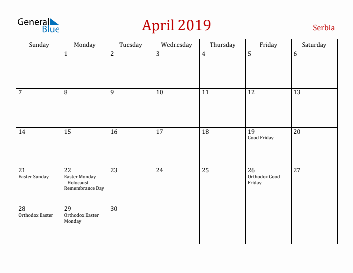 Serbia April 2019 Calendar - Sunday Start