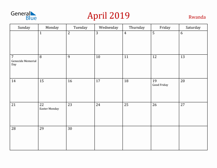 Rwanda April 2019 Calendar - Sunday Start