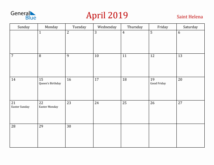 Saint Helena April 2019 Calendar - Sunday Start