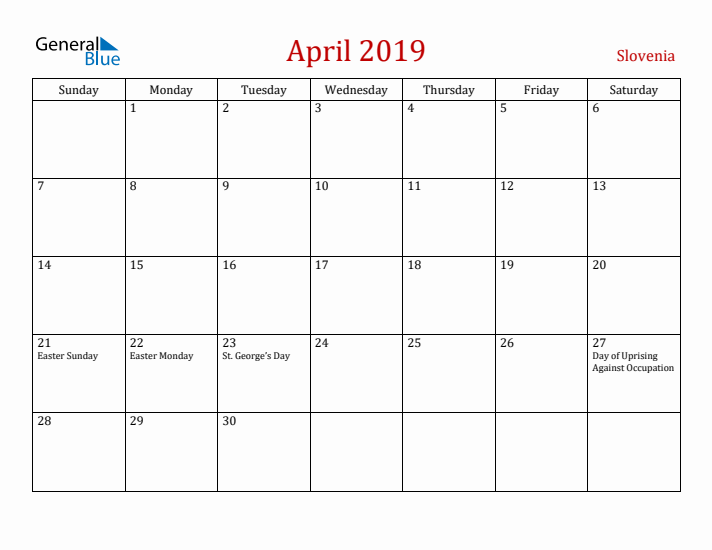 Slovenia April 2019 Calendar - Sunday Start