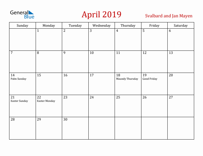 Svalbard and Jan Mayen April 2019 Calendar - Sunday Start