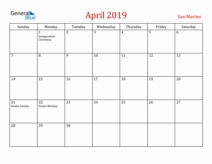 San Marino April 2019 Calendar - Sunday Start