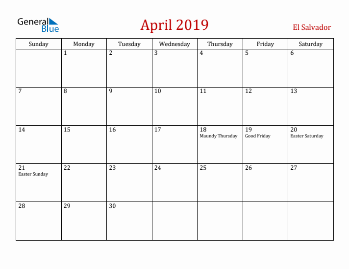 El Salvador April 2019 Calendar - Sunday Start
