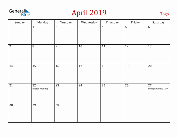 Togo April 2019 Calendar - Sunday Start