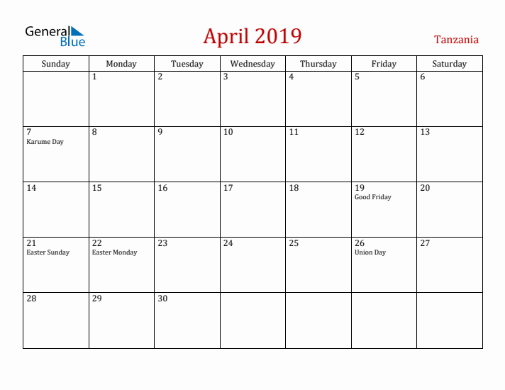 Tanzania April 2019 Calendar - Sunday Start