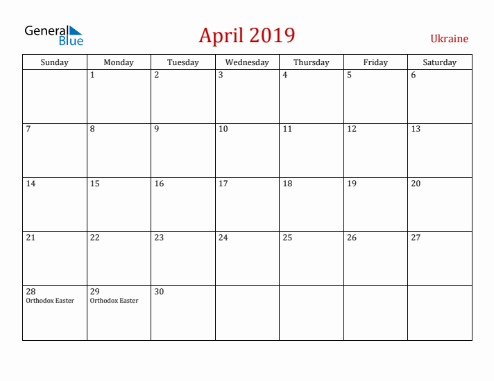 Ukraine April 2019 Calendar - Sunday Start