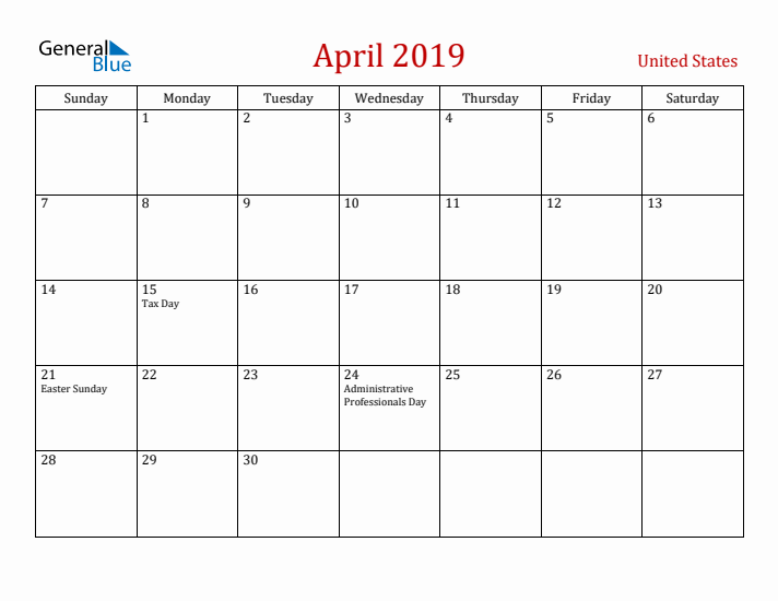 United States April 2019 Calendar - Sunday Start