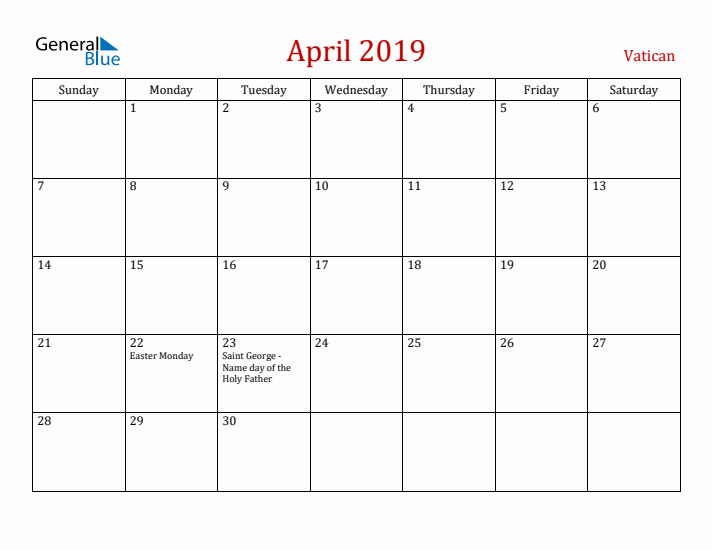 Vatican April 2019 Calendar - Sunday Start