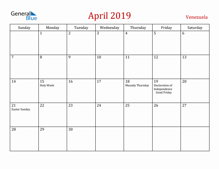 Venezuela April 2019 Calendar - Sunday Start