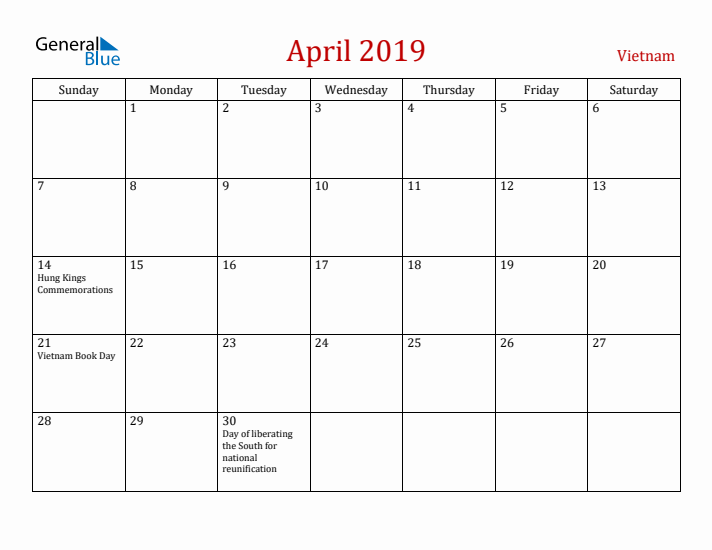Vietnam April 2019 Calendar - Sunday Start