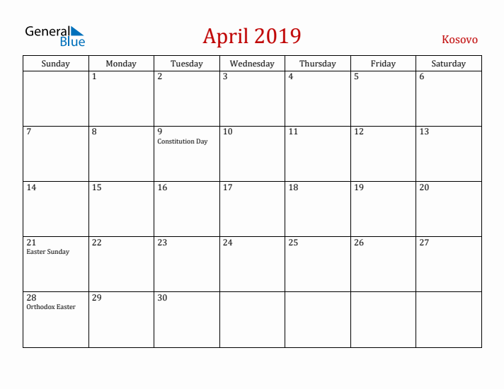 Kosovo April 2019 Calendar - Sunday Start
