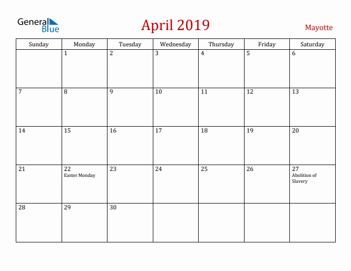 Mayotte April 2019 Calendar - Sunday Start