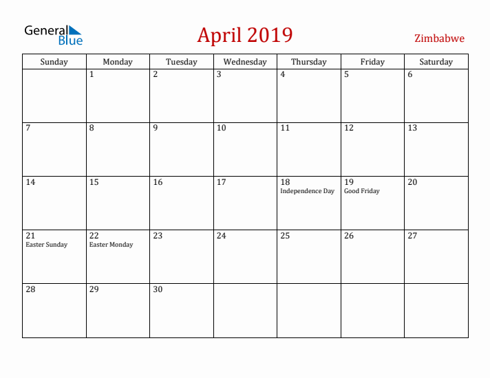 Zimbabwe April 2019 Calendar - Sunday Start