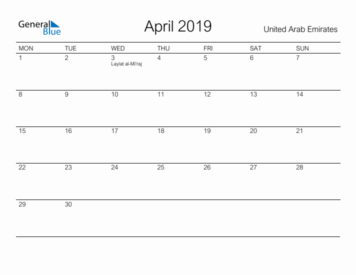 Printable April 2019 Calendar for United Arab Emirates