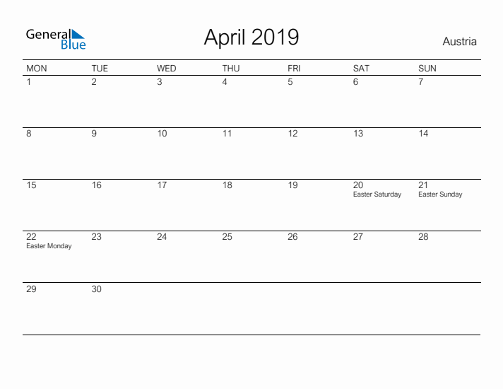 Printable April 2019 Calendar for Austria
