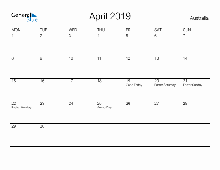 Printable April 2019 Calendar for Australia
